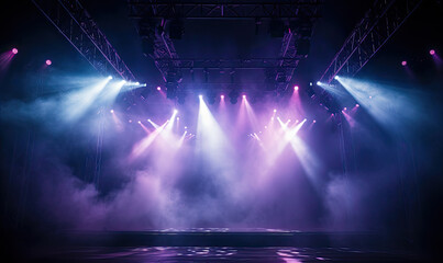 Dramatic concert stage with spotlights and laser lighting show and atmospheric smoke - obrazy, fototapety, plakaty