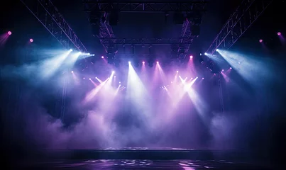 Fotobehang Dramatic concert stage with spotlights and laser lighting show and atmospheric smoke © Sattawat
