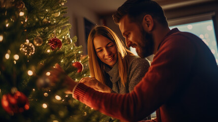 Young family husband and wife decorate the Christmas tree