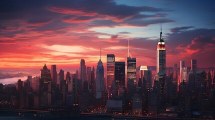 New York City Manhattan skyline panorama with skyscrapers at sunset.