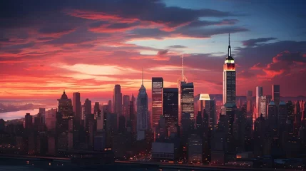 Schilderijen op glas New York City Manhattan skyline panorama with skyscrapers at sunset. © Iman