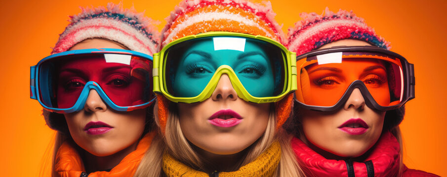 close-up portrait of three women with winter hats and ski goggles on an orange background