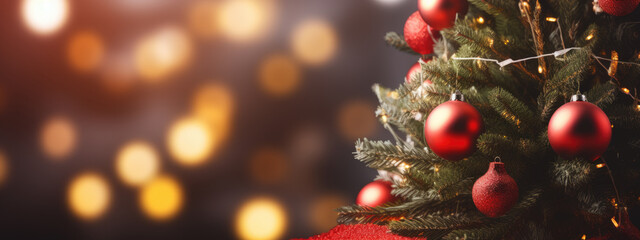 A close-up of golden and red Christmas ornaments hanging on a pine tree with a beautiful bokeh effect created by sparkling lights in the background.