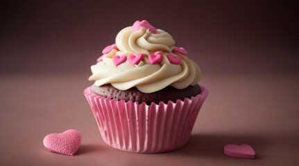Valentine's Day, chocolate cupcake decorated with cream and hearts, romantic sweets