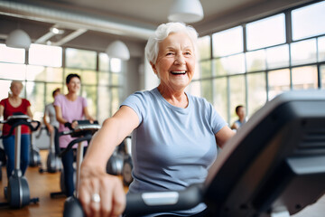 Old woman doing gymnastics with an elliptical machine