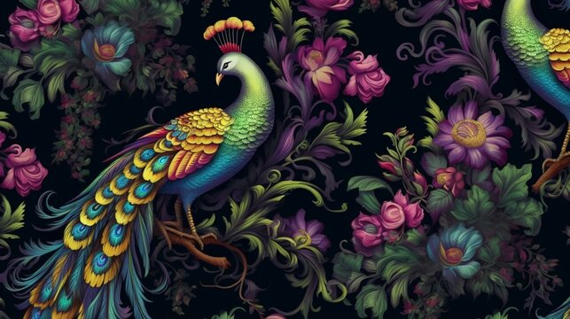 liberty style wallpaper with peacocks and jewel toned.Generative AI