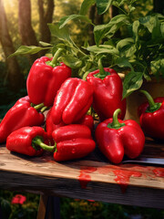 red peppers on the table in the garden
