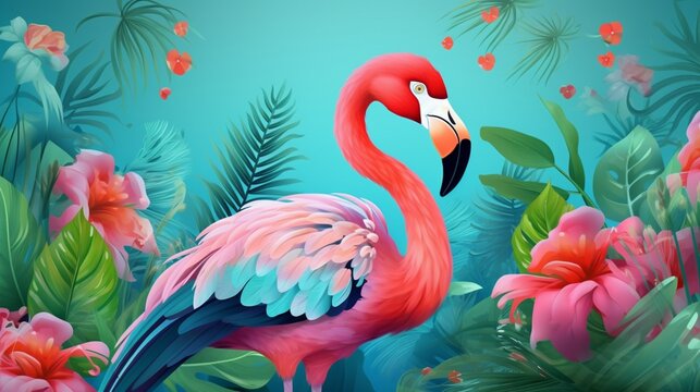 one flamingo on a blue or green background with tropi.Generative AI © sudipdesign