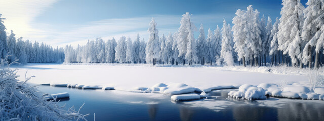 A serene winter landscape with a snow-covered forest reflecting on the surface of a tranquil, partly frozen lake under a clear blue sky.