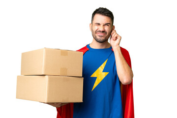 Super Hero delivery caucasian man over isolated chroma key background frustrated and covering ears