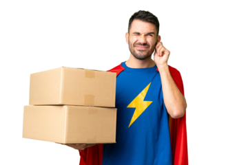 Super Hero delivery caucasian man over isolated chroma key background frustrated and covering ears