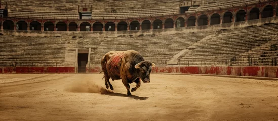 Foto op Plexiglas In Spain the bullring is filled with emotion as the bullfighter bravely faces danger while running alongside the fierce bull a magnificent mammal with powerful horns meanwhile the cow graze © TheWaterMeloonProjec