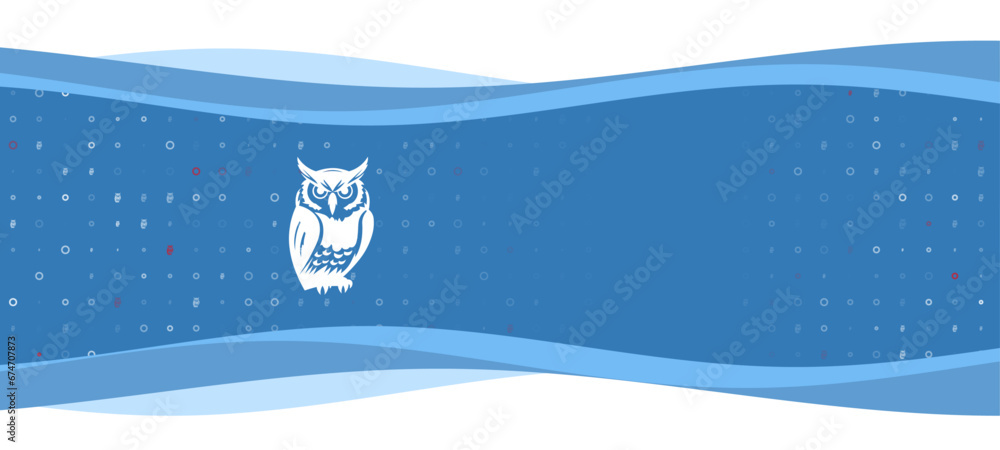 Poster blue wavy banner with a white owl symbol on the left. on the background there are small white shapes