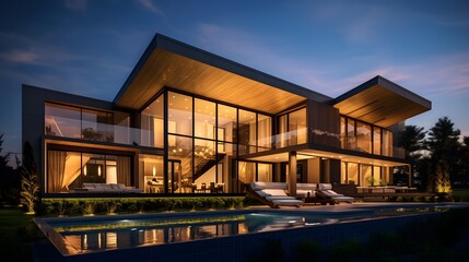 Panoramic view of modern luxury house with pool and garden at dusk