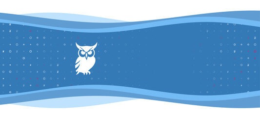 Fototapeta na wymiar Blue wavy banner with a white owl symbol on the left. On the background there are small white shapes, some are highlighted in red. There is an empty space for text on the right side