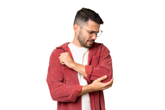 Young handsome caucasian man over isolated chroma key background with pain in elbow