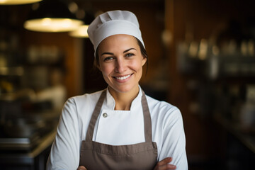 portrait of a female chef with a smile on her face ready for her job
