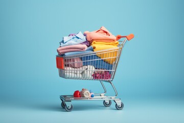 Concept of overconsumption. A shopping cart filled to the top with clothes on a pastel blue background.