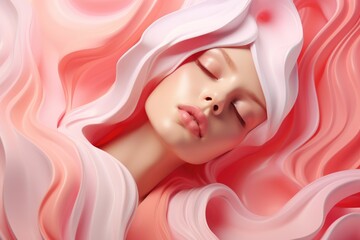 Portrait of a girl with her eyes closed from pleasure drowning in pink wavy lines.