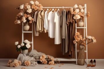 Long clothes rack with clothes and flowers on pastel brown background.