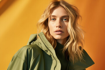 Fototapeta premium Portrait of a mysterious blue-eyed blonde in a green demi jacket against an orange wall.