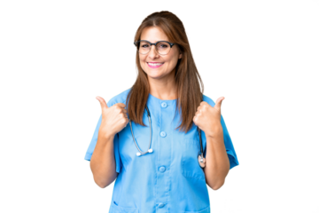Middle age nurse woman over isolated background with thumbs up gesture and smiling