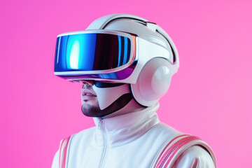 Futuristic portrait of a man wearing a virtual reality helmet on a pastel pink background.