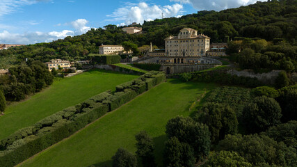 Aerial view of the villa Aldobrandini in the town Frascati, in the metropolitan city of Rome Capital, in the area of Roman Castles, Lazio, Italy. It is a nobility historic palace with a large garden.