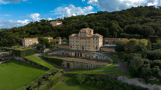 Aerial view of the villa Aldobrandini in the town Frascati, in the metropolitan city of Rome Capital, in the area of Roman Castles, Lazio, Italy. It is a nobility historic palace with a large garden.