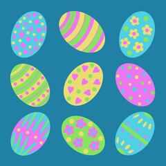 Colourful Easter egg illustration. The eggs are decorated in floral, striped and polka dot decorations. A pretty Easter display, in fresh Spring colours.