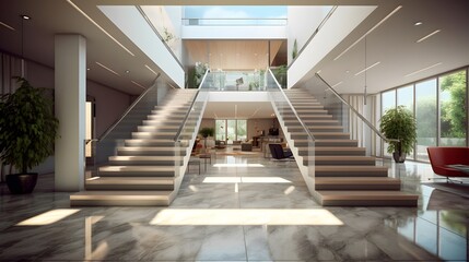 Panoramic view of modern office interior with stairway. 3d rendering