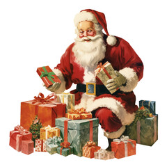 Santa Claus smiling with gifts,vintage retro illustration,png.