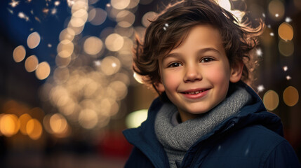 A young boy with wavy hair and a joyous expression marvels at the mesmerizing fireworks display against a city backdrop with glowing bokeh lights.