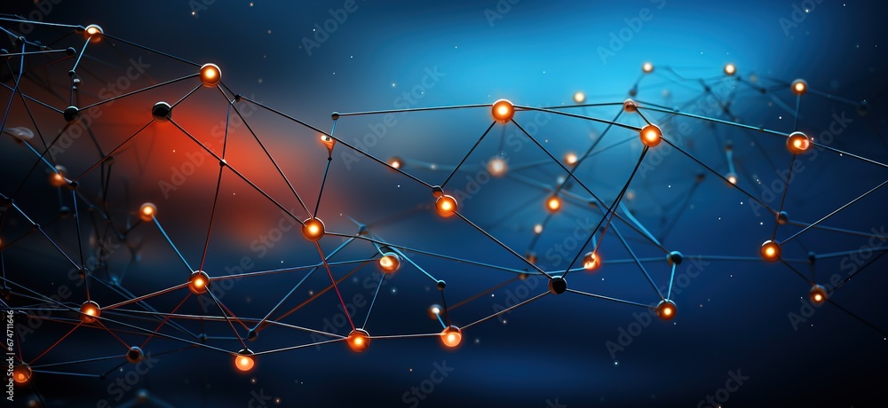 Poster abstract network of glowing nodes and lines on a blue background, ideal for projects related to tech