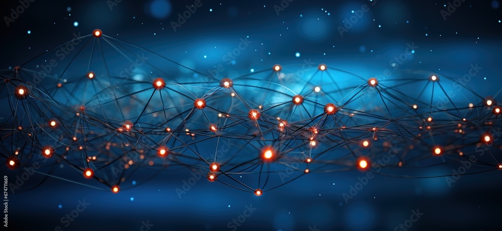 Poster abstract network of glowing nodes and lines on a blue background, ideal for projects related to tech