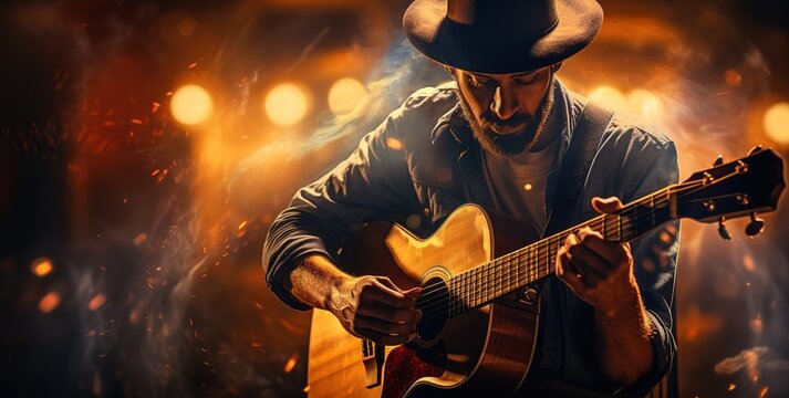 Guitarist Performing on Stage with Dramatic Lighting, Perfect for Music-Related Projects and Album Covers