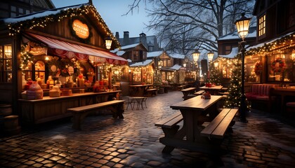 A panoramic shot of a Christmas market in the old town of Gdansk, Poland