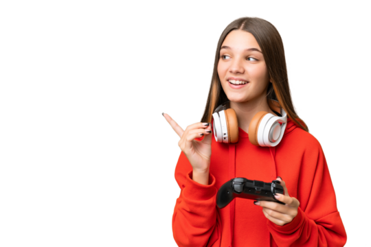 Teenager caucasian girl playing with a video game controller over isolated background intending to realizes the solution while lifting a finger up