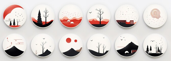 A collection of minimalistic landscape illustrations on round badges, ideal for modern design projects