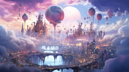 floating city in the upper atmosphere of a gas giant with transparent domes and intricate walkways suspended amidst colorful clouds as alien inhabitants traverse the cityscape in graceful airborne  - obrazy, fototapety, plakaty