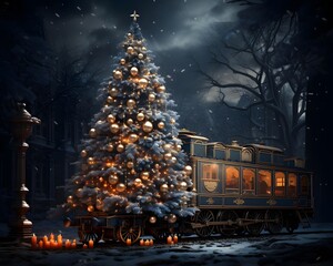 Christmas train with christmas tree at night. 3D illustration.