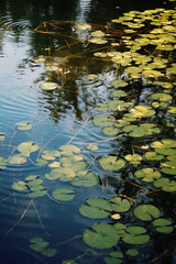 surface d'une rivière où se reflète les arbres de la foret, ils flottent des feuilles et des fleurs de nénuphars à la surface de l'eau avec des ondulations dû au souffle du vent