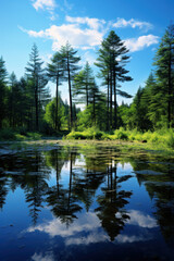 Obraz premium surface d'une rivière où se reflète les arbres de la foret, ils flottent des feuilles et des fleurs à la surface de l'eau avec des ondulations dû au souffle du vent