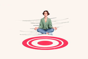 Pop template collage of young calm lady meditating sitting under darts board target dreaming her...