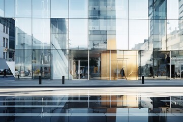 The exterior of a glass building adorned with geometric elements and reflecting mirrored surfaces
