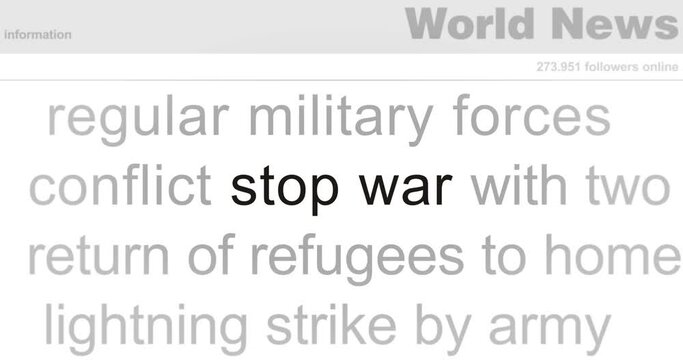 Stop war peace freedom and no more violence headline news across international media. Abstract concept of internet news titles on screens loop. Seamless and looped animation.