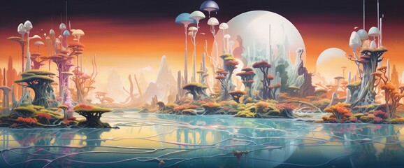 A surreal landscape of floating islands, adorned with abstract flora and fauna, suspended in a vibrant, otherworldly atmosphere.