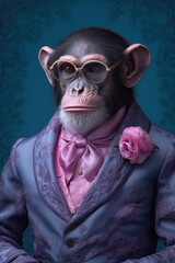 Elegant chimpanzee dressed with old fashion clothes
