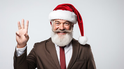 Fototapeta na wymiar A smiling man in a business suit and tie, waving with one hand and wearing a Santa hat, exuding a friendly and festive vibe.