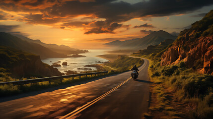 A motorcycle / motorcyclist riding down a scenic curvy road - obrazy, fototapety, plakaty
